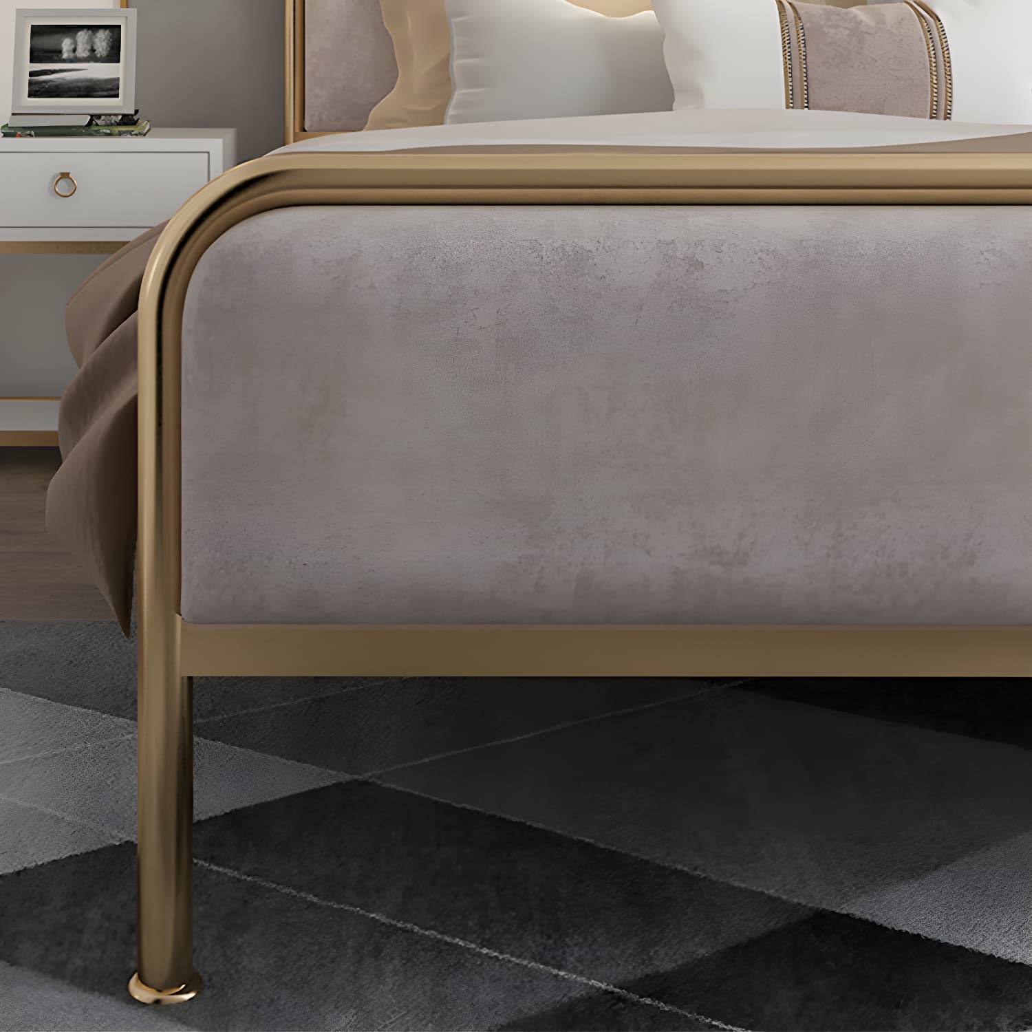 Glam Metallic Open-Frame Bed with Fabric Upholstered Headboard thumbnail 9