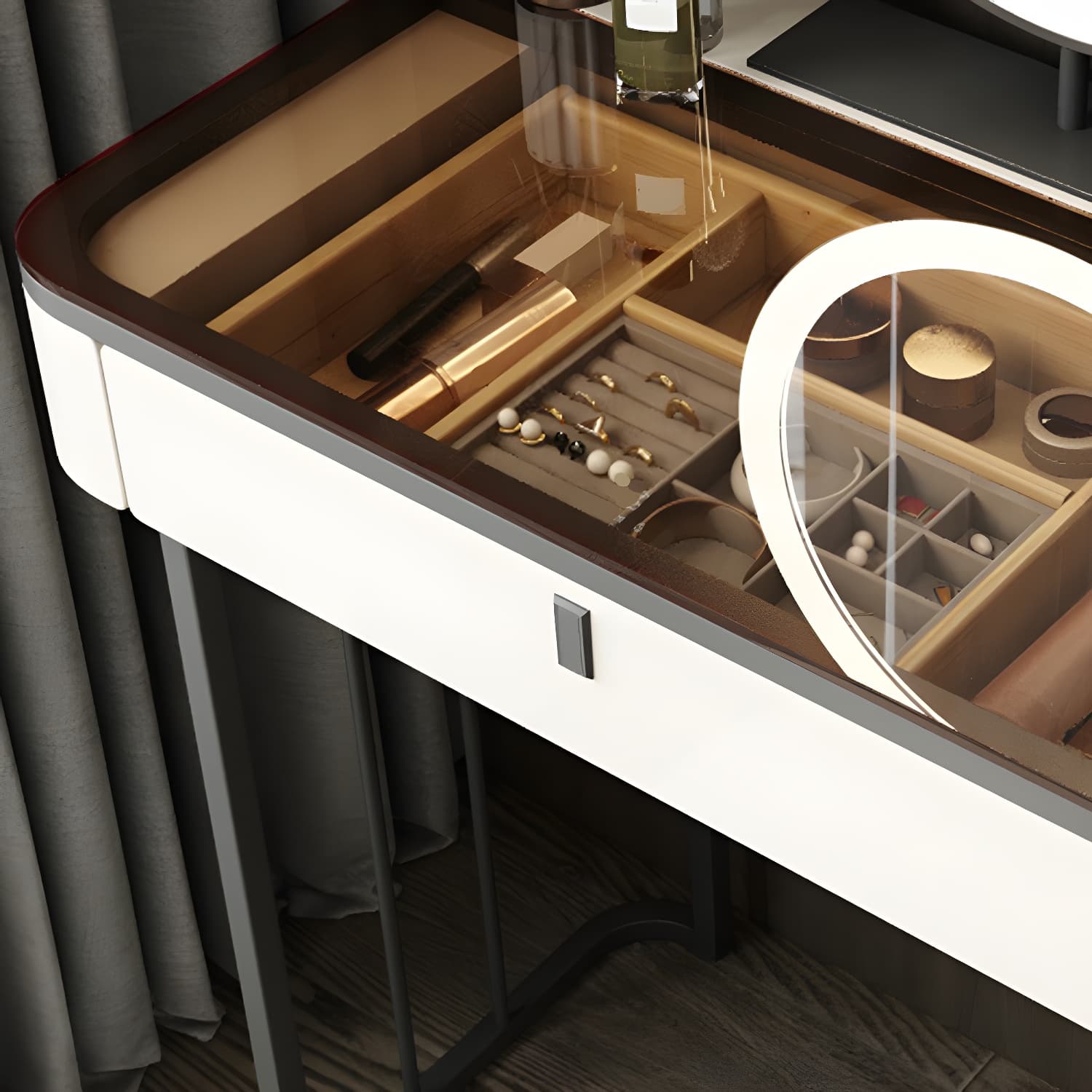 Modern Minimalist White Vanity Table Set 29.53" H Glass Top Vanity Table with Storage thumbnail 8