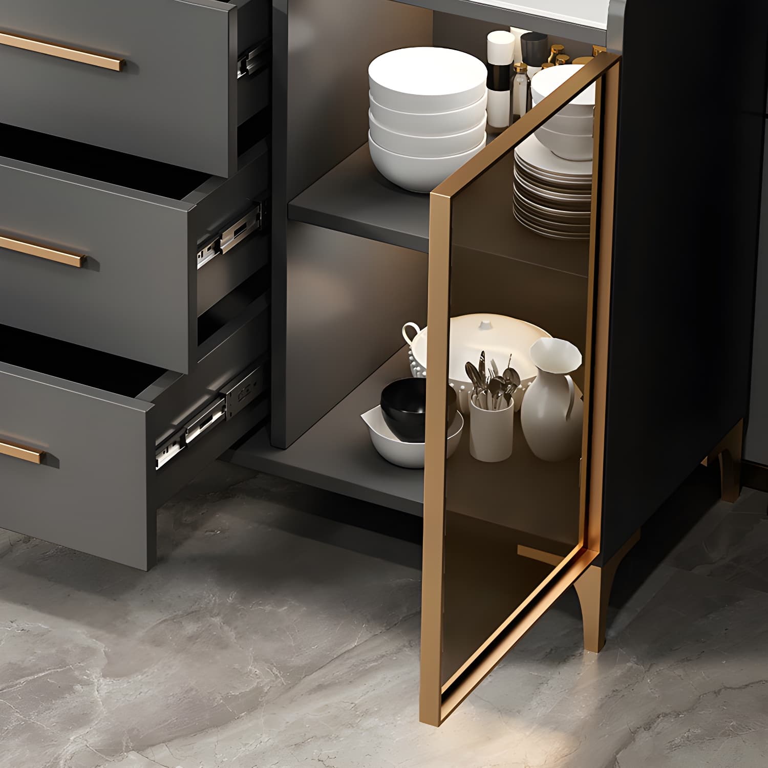Glam Style Sideboard Wood Glass Doors Side Board with Cabinets and Drawers without Light thumbnail 9
