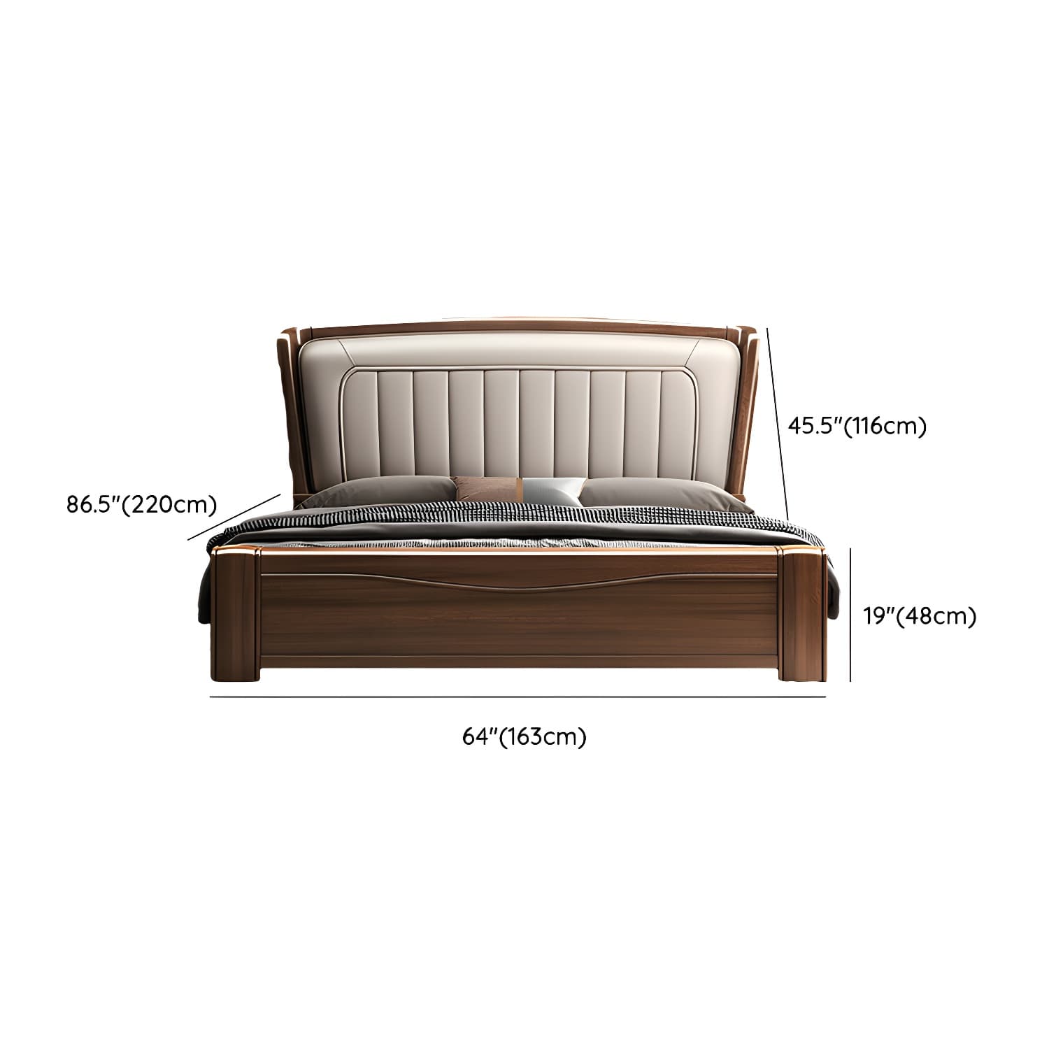 Traditional Walnut Wood Brown Bed with Rectangular Upholstered Headboard for Bedroom thumbnail 13