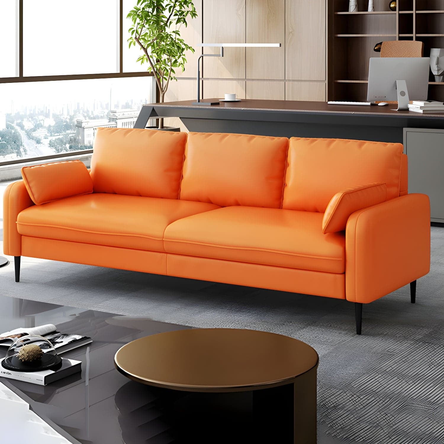 3-Seater Faux Leather Sofa Mid Century Loose Back Square Arm Settee thumbnail 7