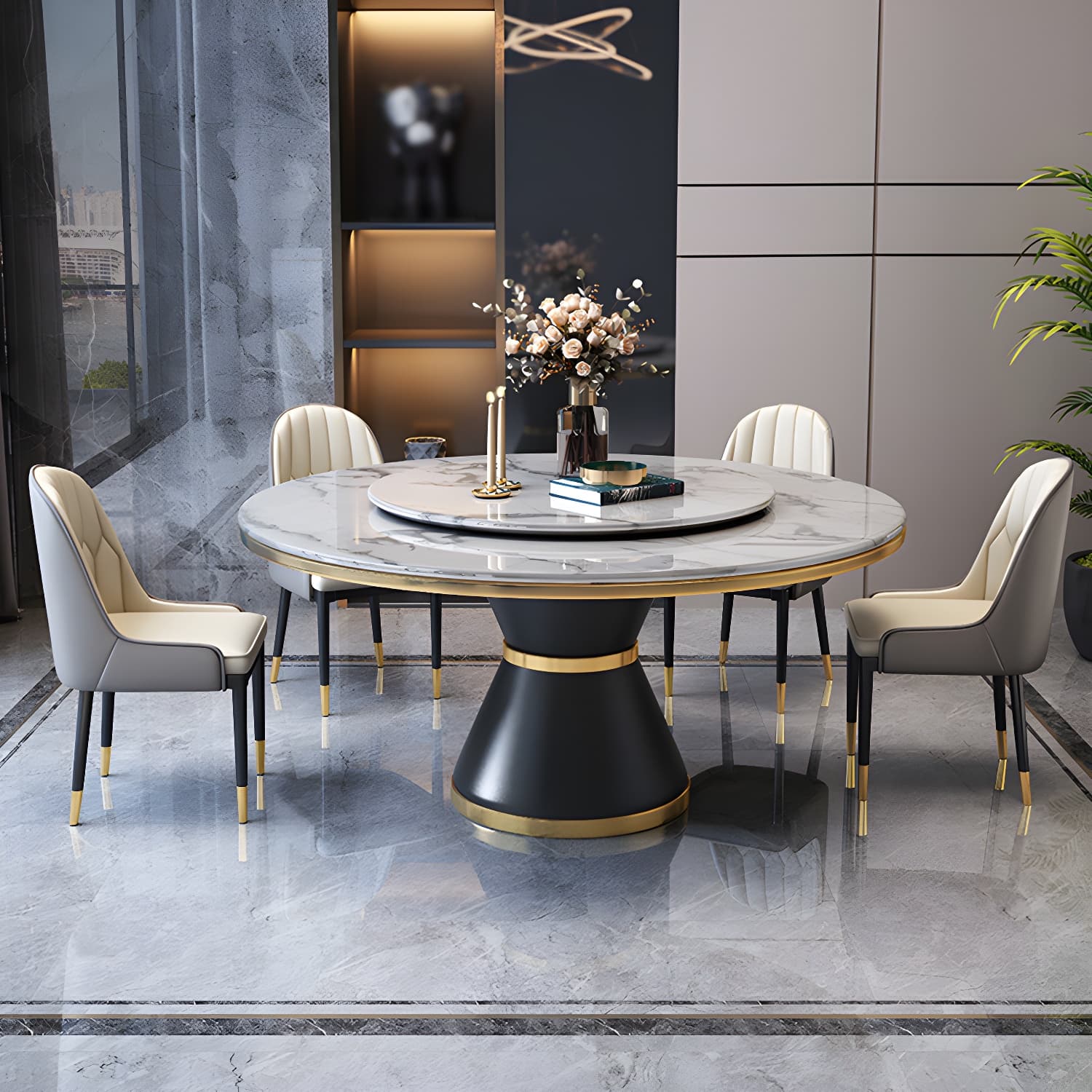 Glam Round Stone Dining Set in White - Fixed Table with Black Metal Pedestal Base thumbnail 4