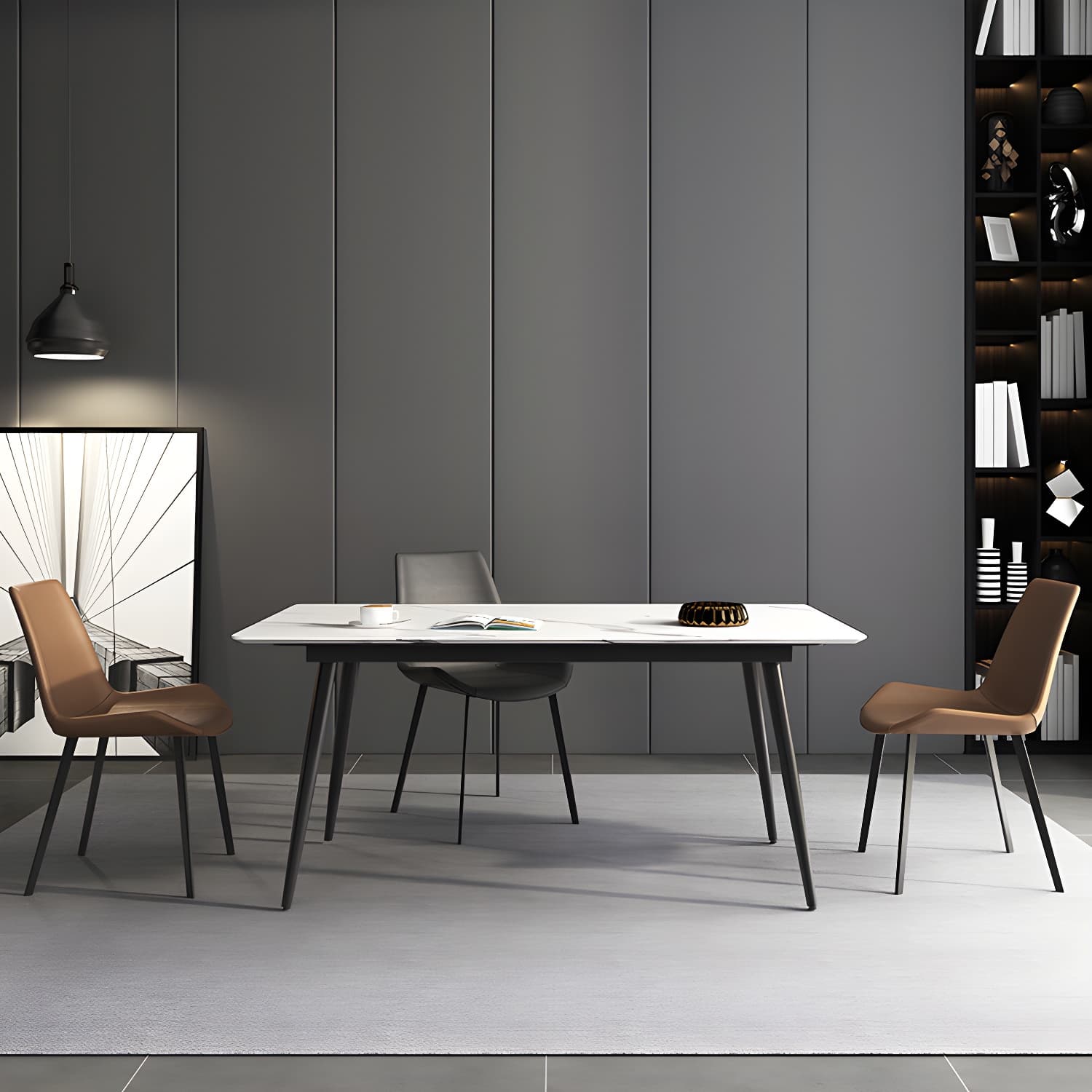 Stone Top Dining Table Rectangle Modern Dining Table with 4 Black Legs thumbnail 9
