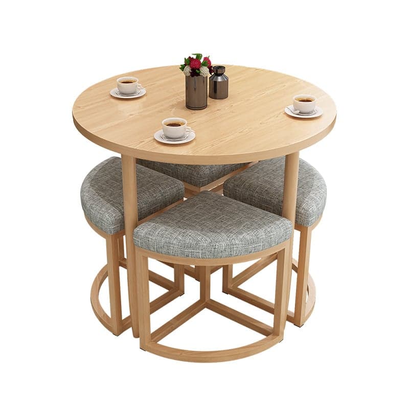 Reclaimed Wood Round Dining Table Set with Metal Toboggan Base and Upholstered Backless Chairs for 4 People thumbnail 8