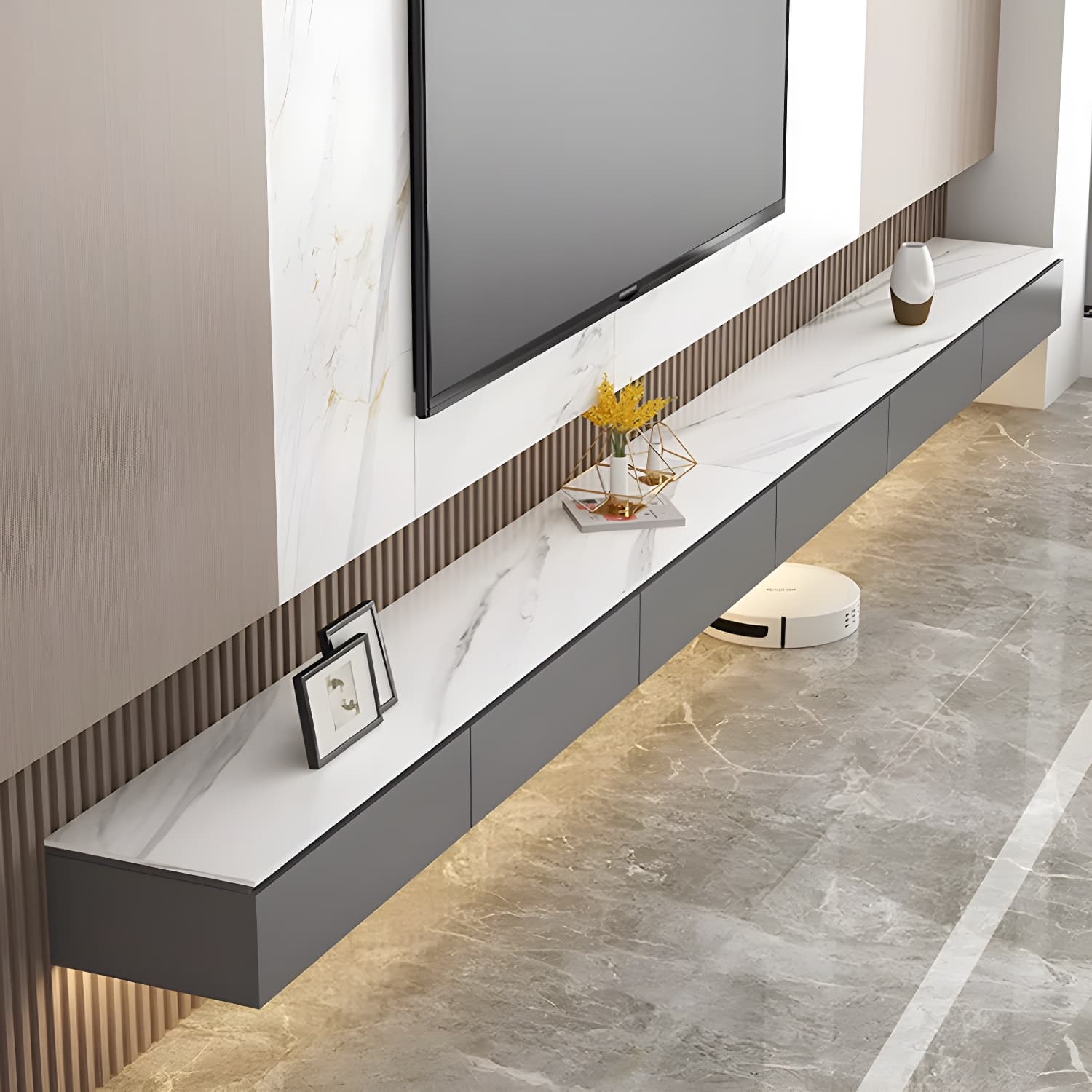 Stone TV Stand Console in Solid Wood with Storage Drawers Contemporary thumbnail 1