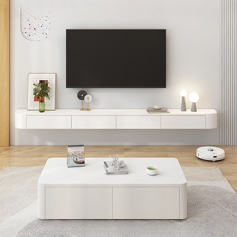 Deco Wall Mounted Wood TV Stand in White with 2 Drawers and 1 Cabinet thumbnail 3