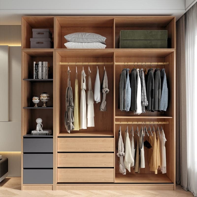 3-Drawer 0-Cabinet Natural Wood Wardrobe Armoire with 3 Clothing Rods thumbnail 1