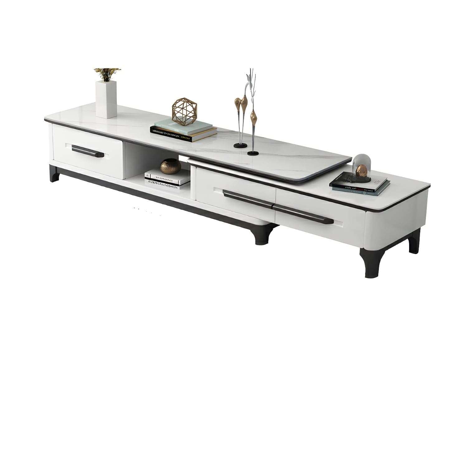 Modern Stone TV Stand with Long Length, Open Storage and Drawers featuring Wood Shelves thumbnail 4
