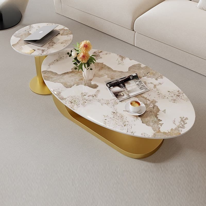 Elegant Stone Oval Coffee Table with Iron Block Base for Living Room thumbnail 6