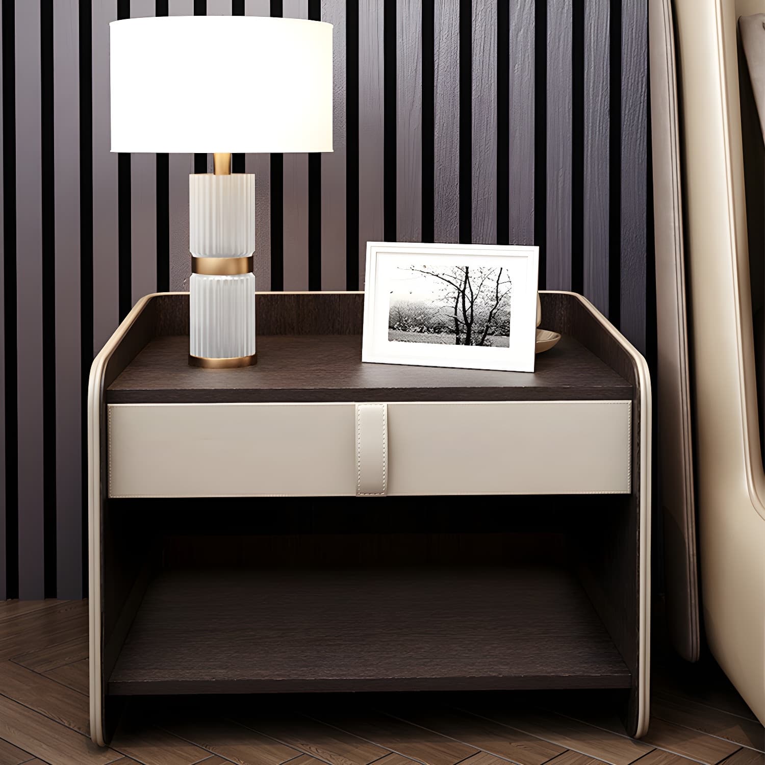 Faux Leather Nightstand 1 - Drawer Nightstand with Wood Accents thumbnail 5
