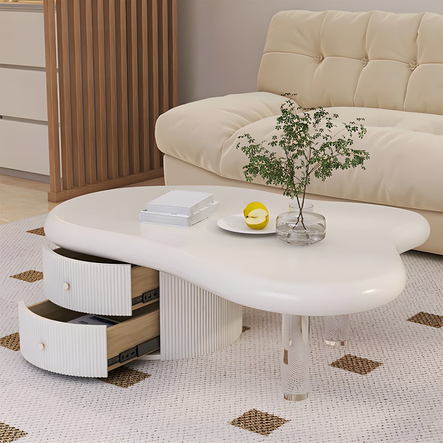 Nordic Irregular Coffee Table in White of 15.7" H with Acrylic Legs thumbnail 2