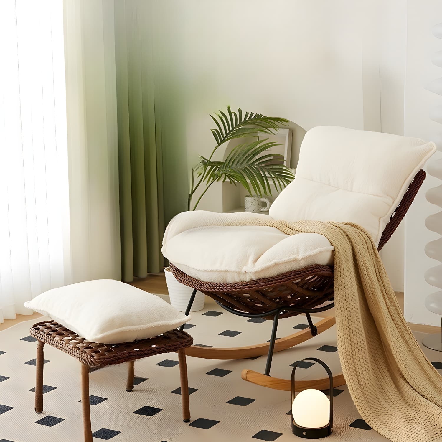 Traditional Armless Design Indoor Rocking Chair with rattan Frame and Nature Wood Legs thumbnail 22