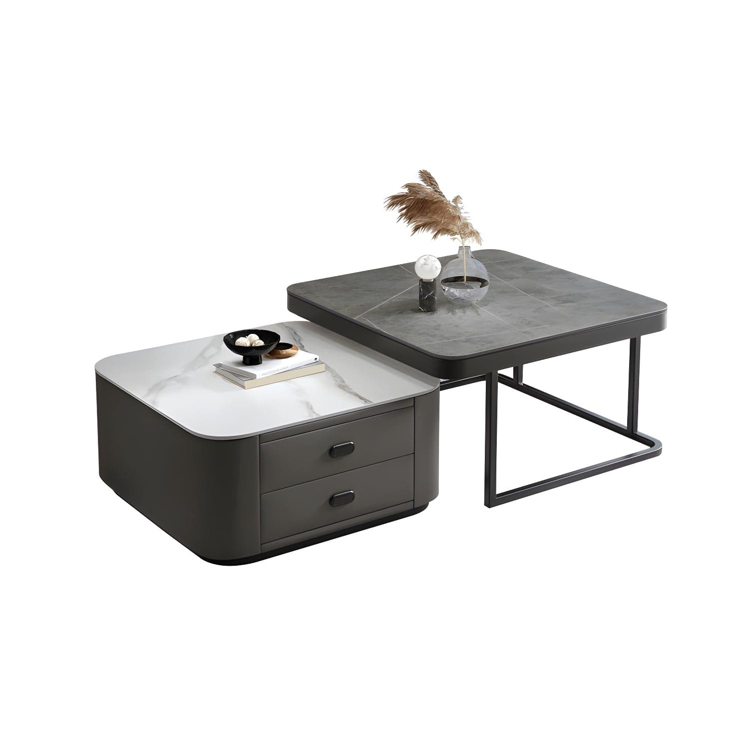 Square Coffee Table Glass Top 2 Nesting Coffee Table Set with Storage thumbnail 9