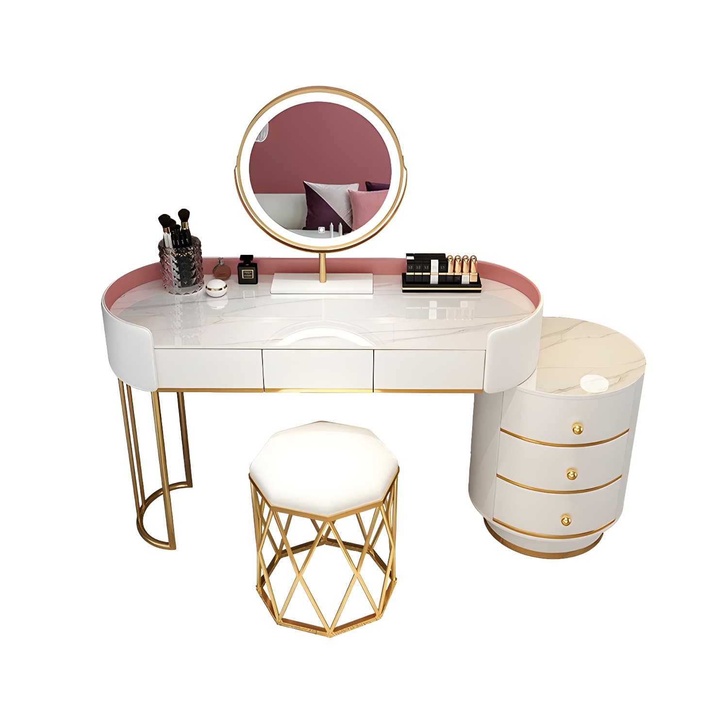Contemporary Bedroom Metallic Lighted Mirror With Drawer Makeup Vanity Set thumbnail 19