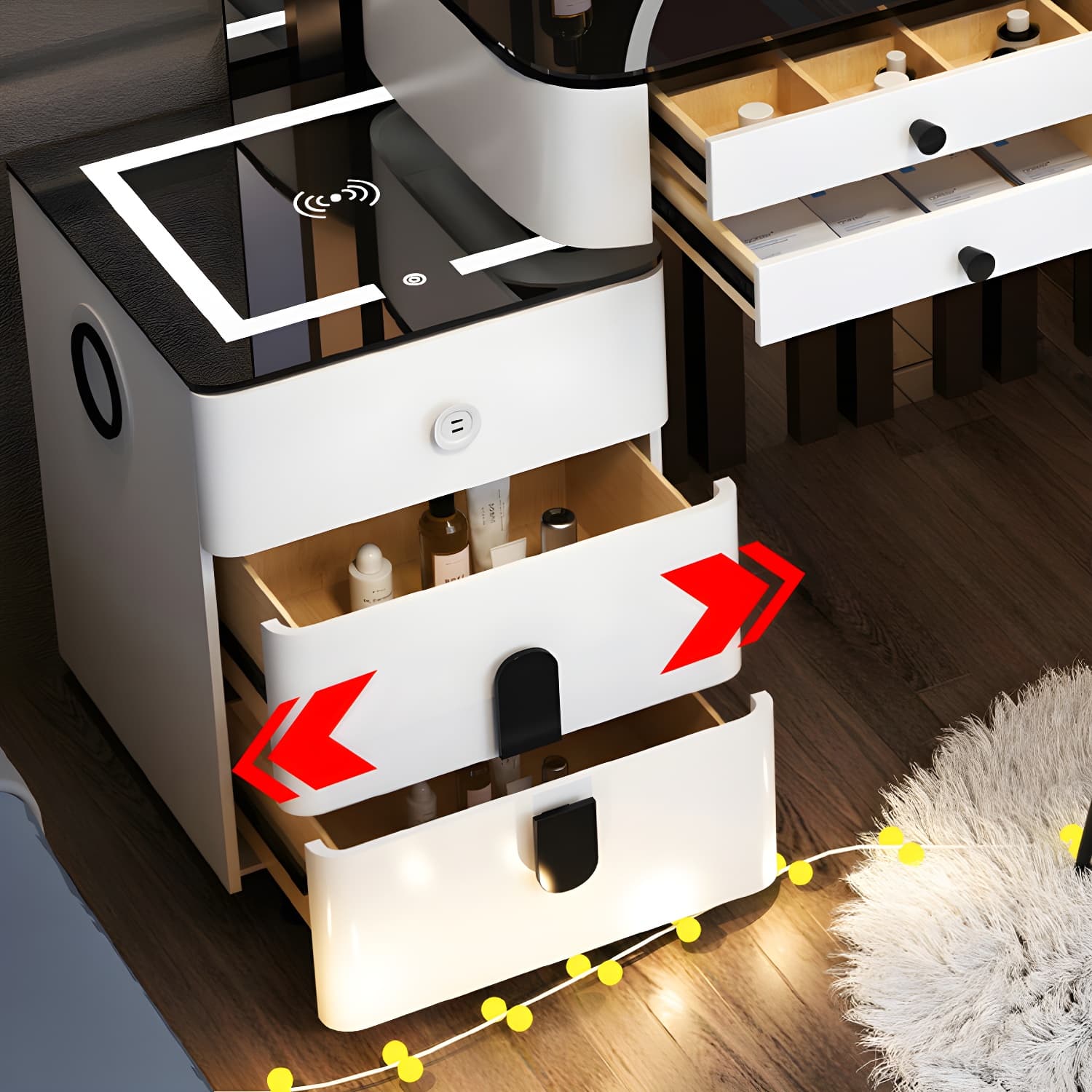 Lighted Mirror Wood Makeup Dressing Table Stool Set in Black/ White thumbnail 8