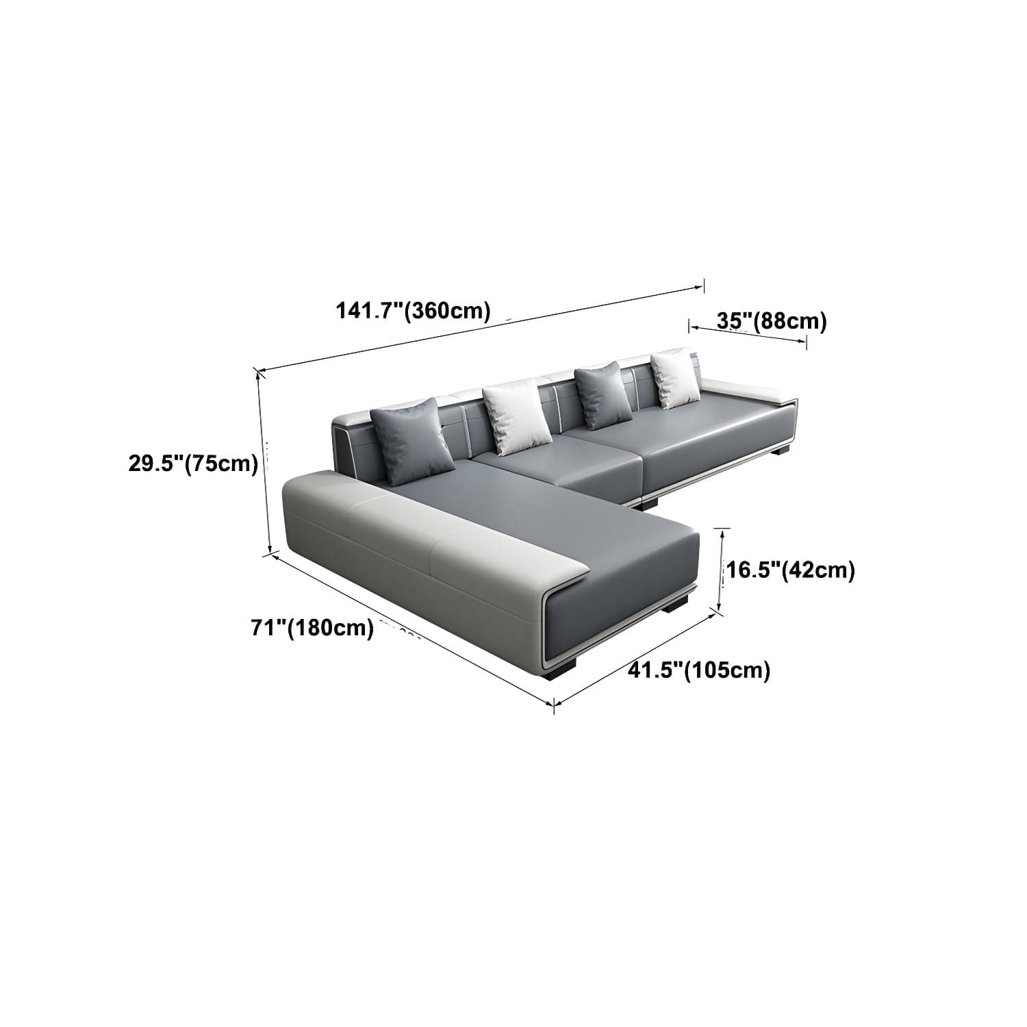 Faux Leather Sofa & Chaise with Pillows Modern U Sofa in Gray - 29.53" H thumbnail 27