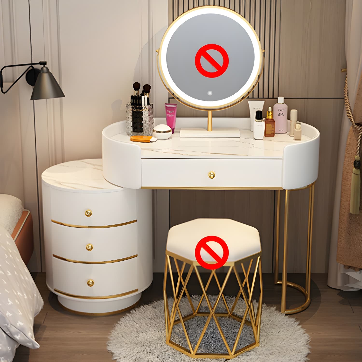 Lighted Mirror Makeup Counter Bedroom Makeup Vanity Desk Table with Drawer thumbnail 3