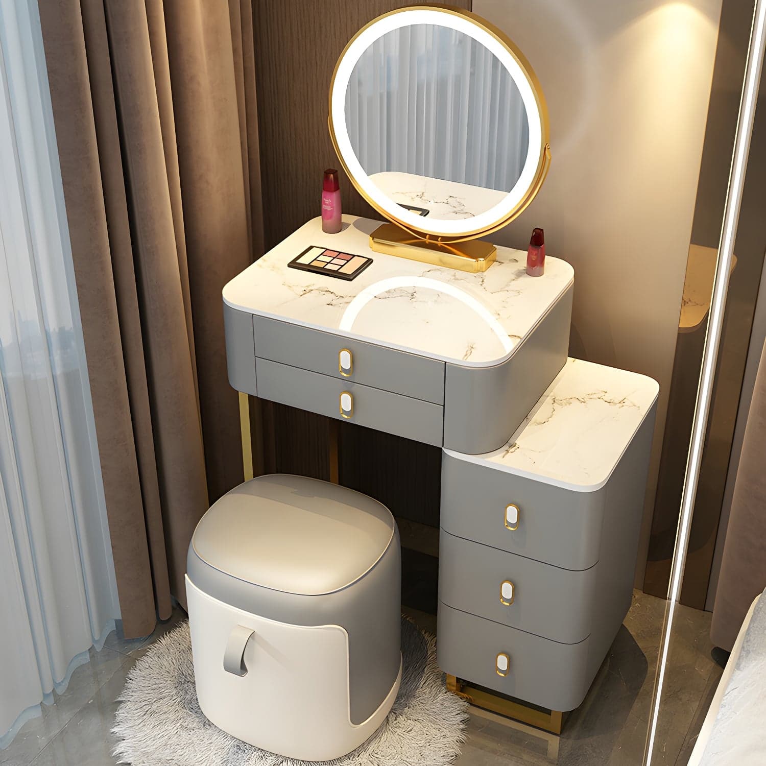 Stone Top Vanity with Storage Drawers Makeup Vanity Desk with Stool and Mirror thumbnail 1