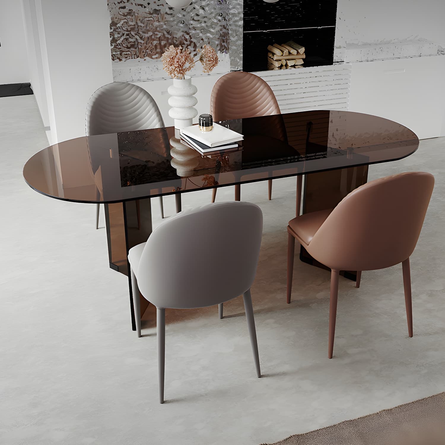 Glass Contemporary Oval Dining Table Clear Glass Top Table with Double Pedestal thumbnail 5