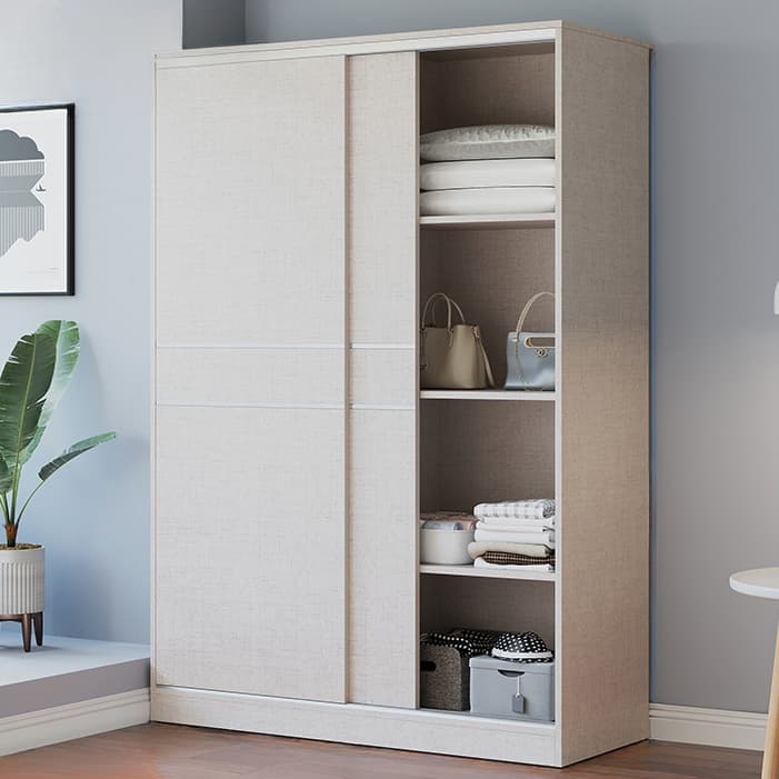 Fashionable Sliding Door Storage Wood Wardrobe with Metal Clothing Rod and Shelves in White Color