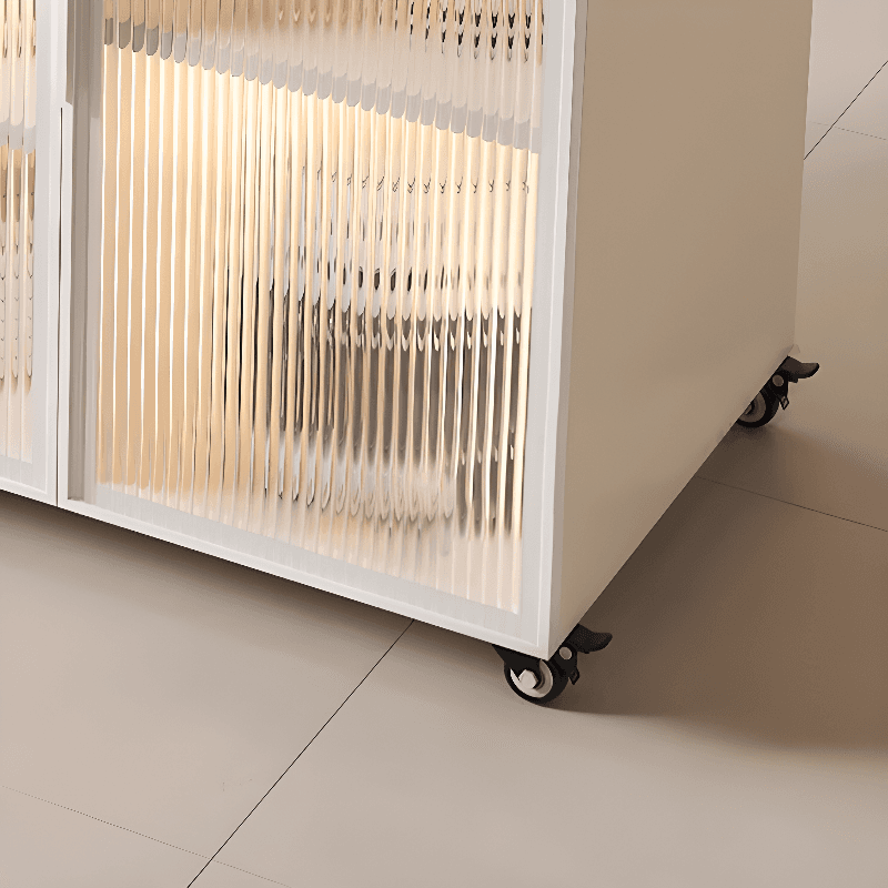 Trendy Sideboard on Caster Wheels with Narrow Stone Countertop, Glazed Door, Adjustable Shelving, and Lighting System thumbnail 7