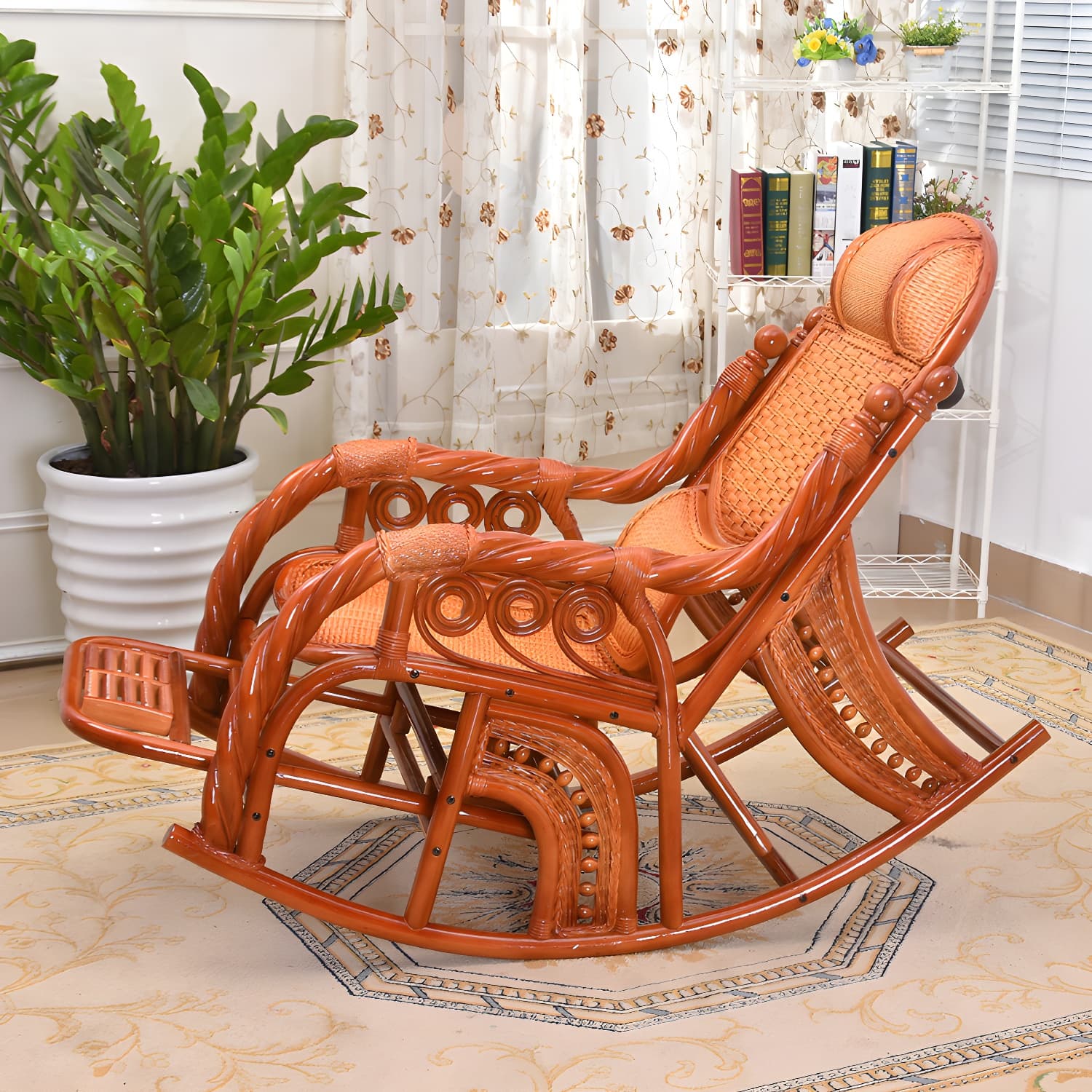 Traditional Spindle Rocking Chair Tobacco Finish with Pillow Rocker Chair Wicker thumbnail 8