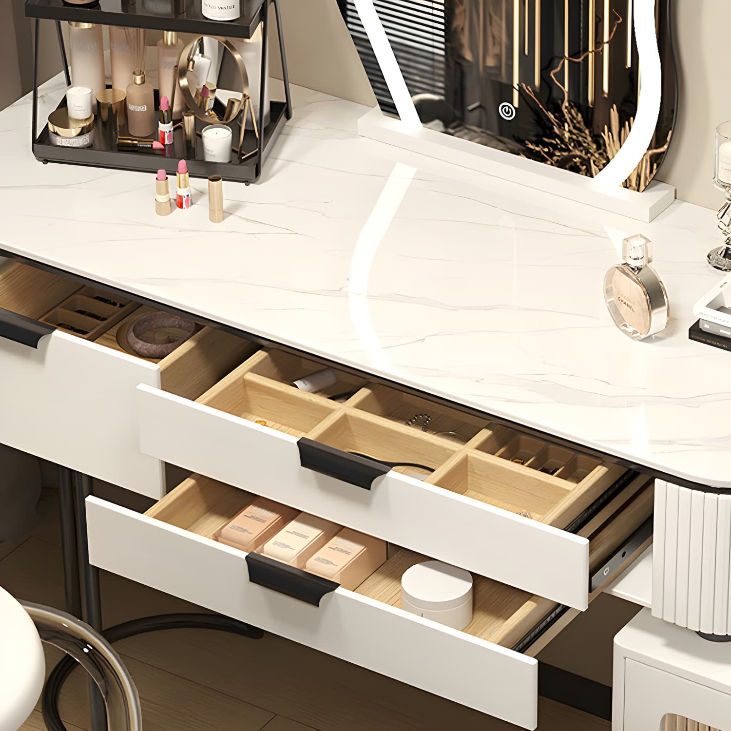 Contemporary Stone Top Vanity Table Set with Mirror and Stool Glam Slate Dressing Table thumbnail 12