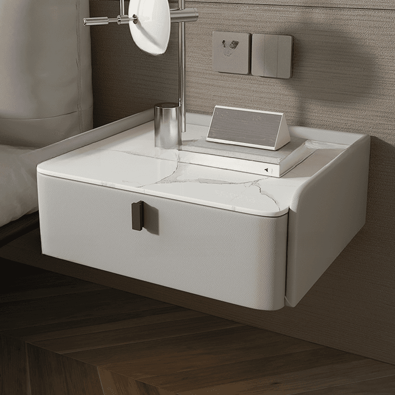 Organic Modern Bedside Cabinet Nightstand with 1 Drawer, Stone Countertop, and Hanging Shelf thumbnail 9