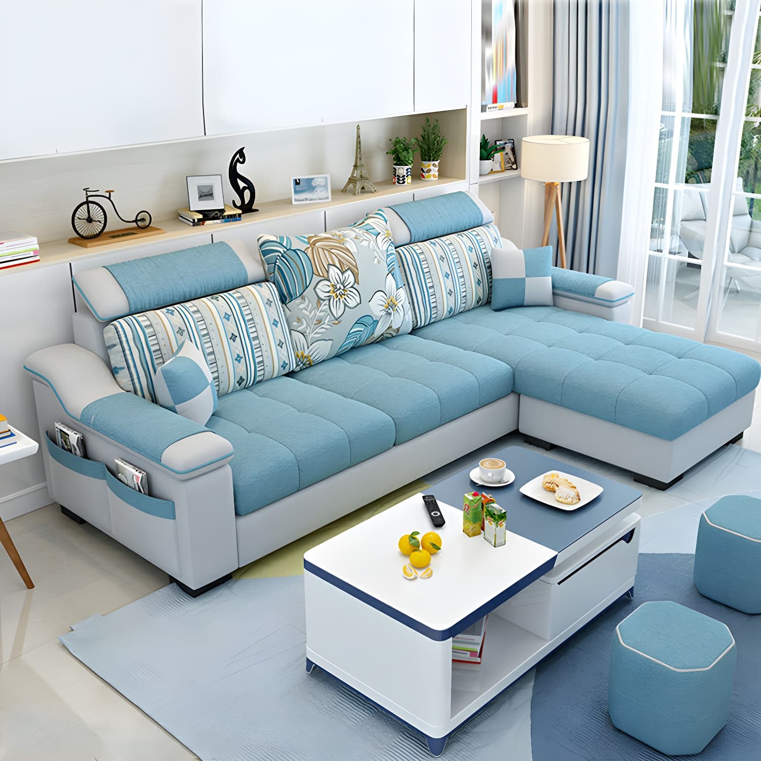 Modern Reversible Straight Sectional Sofa with Ottoman in Linen Upholstery, Sloped Arms thumbnail 11