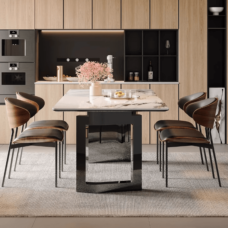 Dining Table Set with Slate Stone Top, Two-sided Pedestal, Padded Chair, Back, for 6 People/4 People in White thumbnail 2