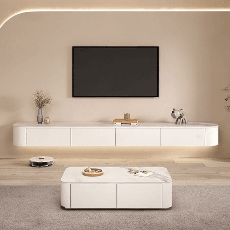 White Wall Hung Art Deco TV Stand with 2 Drawers, 2 Cabinets, and Cable Management thumbnail 1