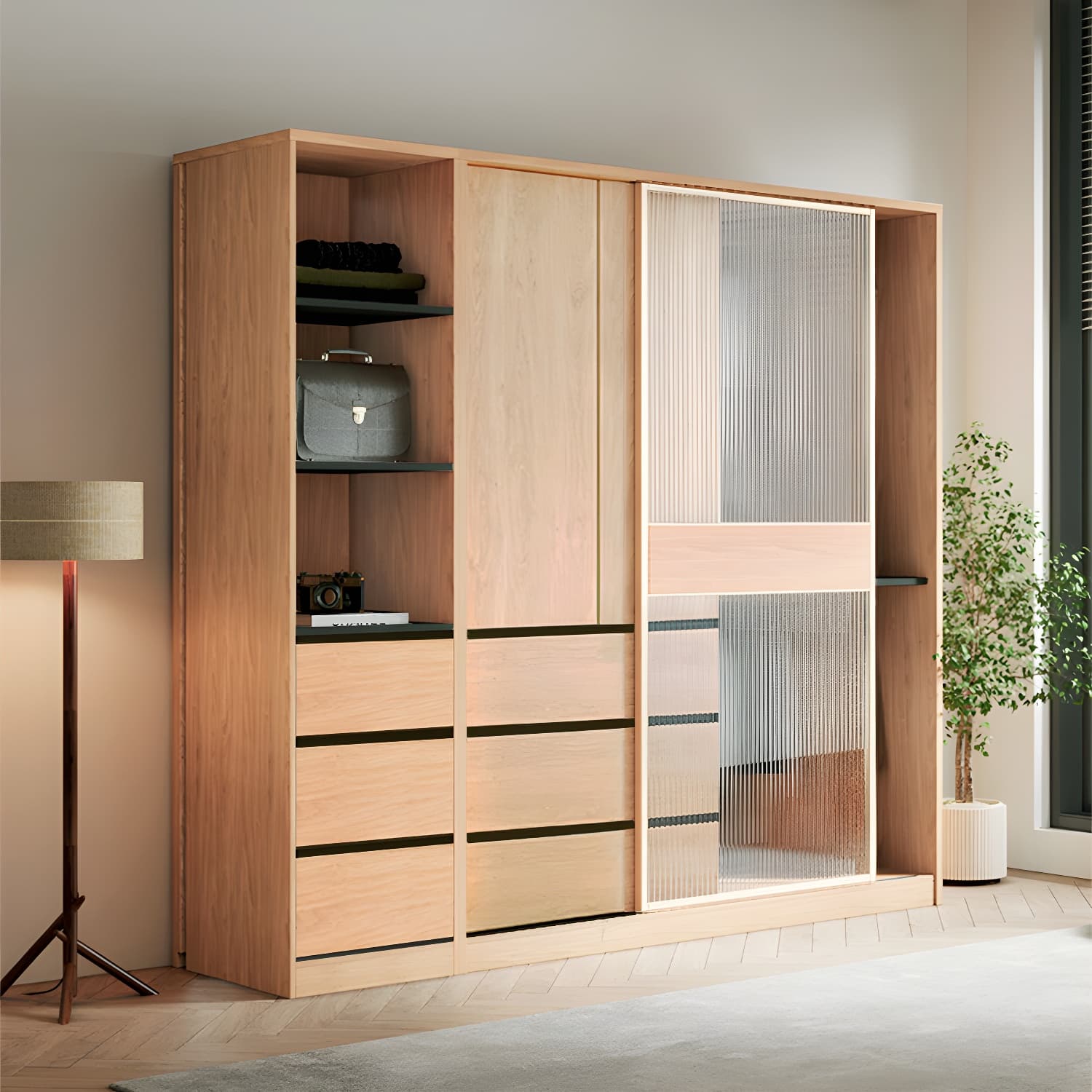 Engineered Wood Wardrobe Armoire with Drawer Modern Wardrobe Closet thumbnail 10