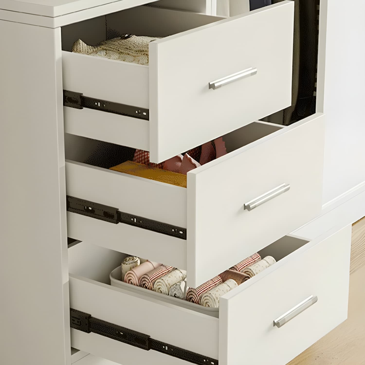 Modern White Wood Wardrobe Armoire with Sliding Doors, Shelves, and Soft Close Drawers thumbnail 8