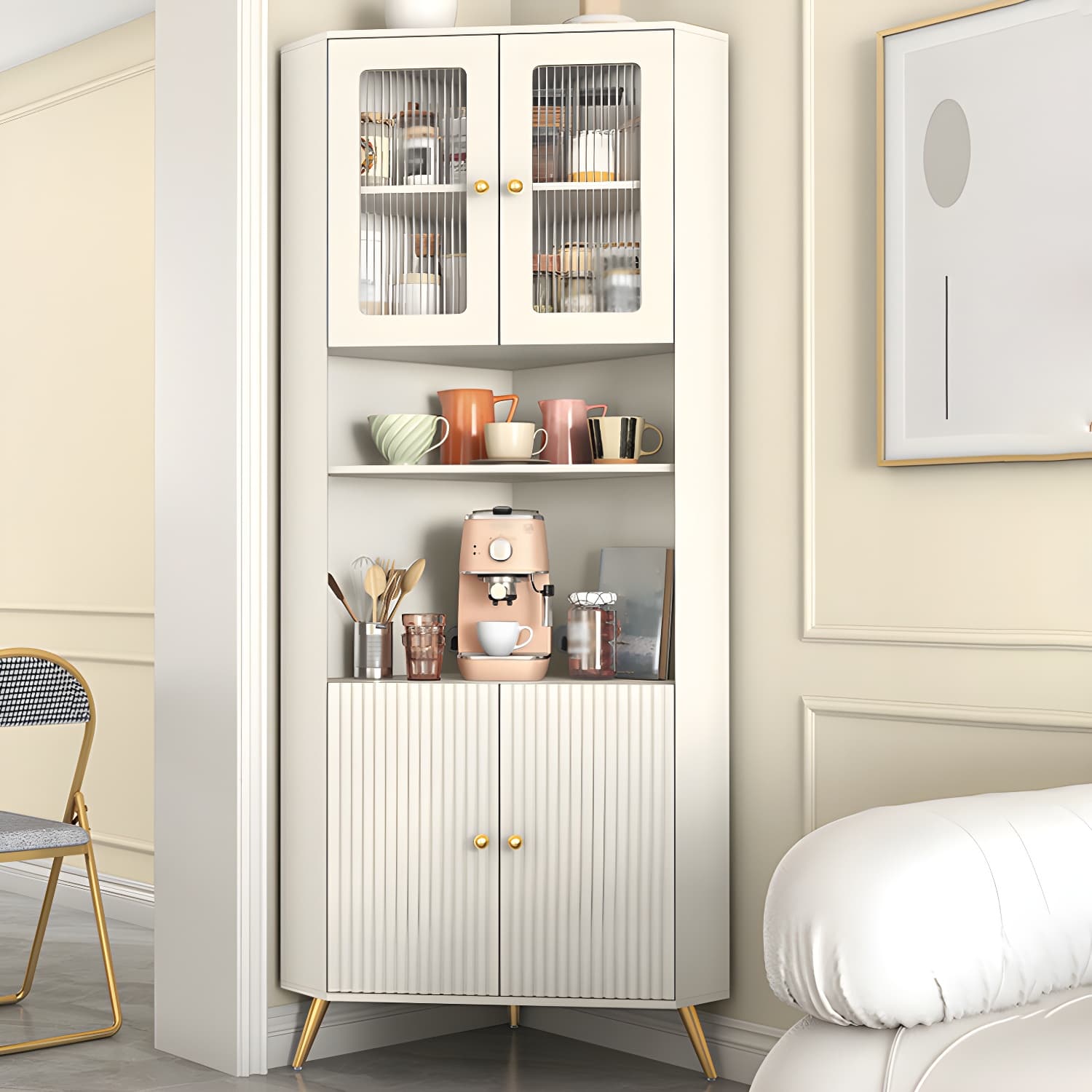 Modern Corner Accent Cabinet with White Wood Countertop, Glass Doors, and Gold Metal Base thumbnail 1
