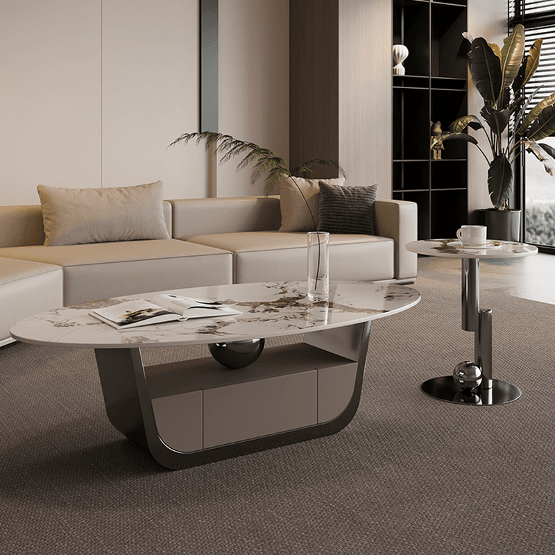 Glamorous Oblong Stone Coffee Table with Abstract Base, Scratch-proof and Drawer for Small Spaces thumbnail 3