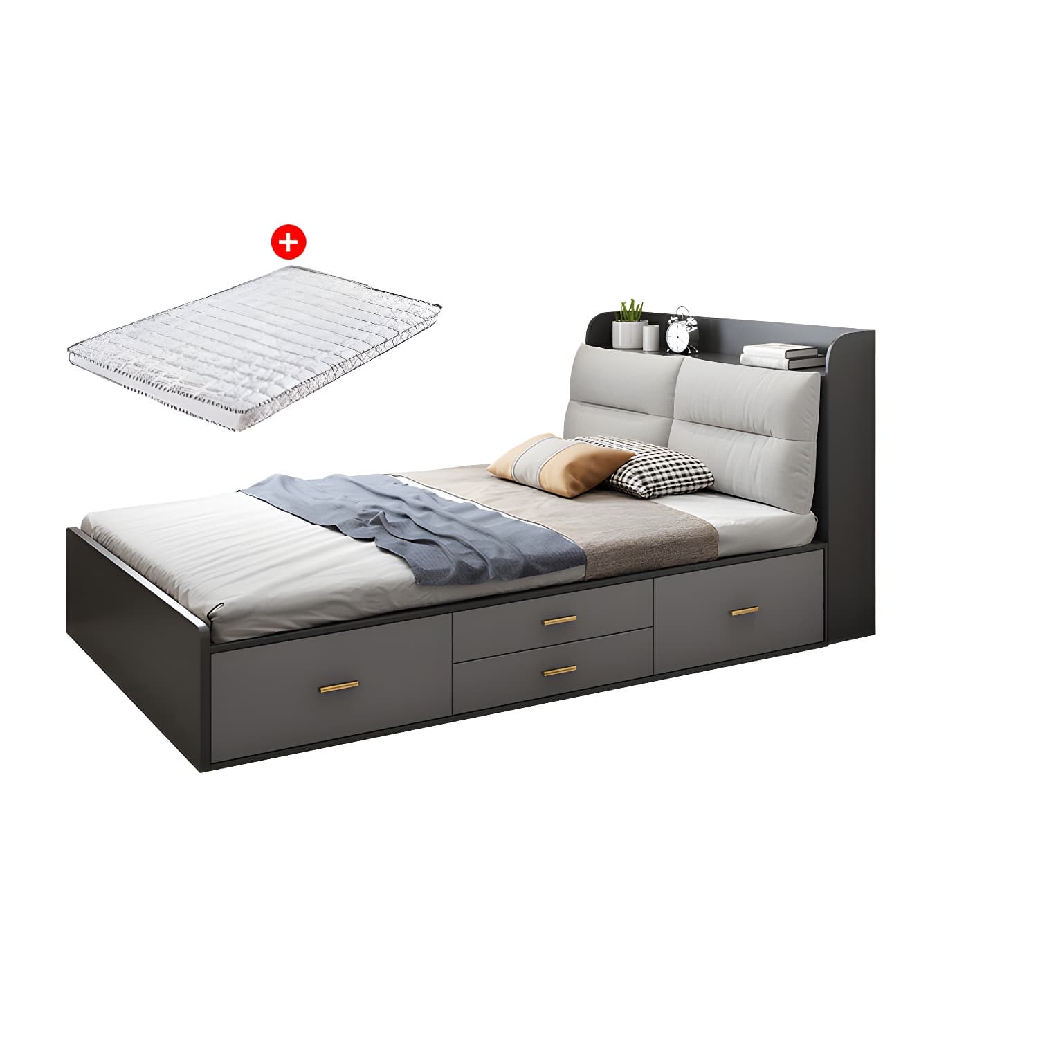 Scandinavian Low Profile Bed with Headboard Upholstered Bed with Drawers thumbnail 15