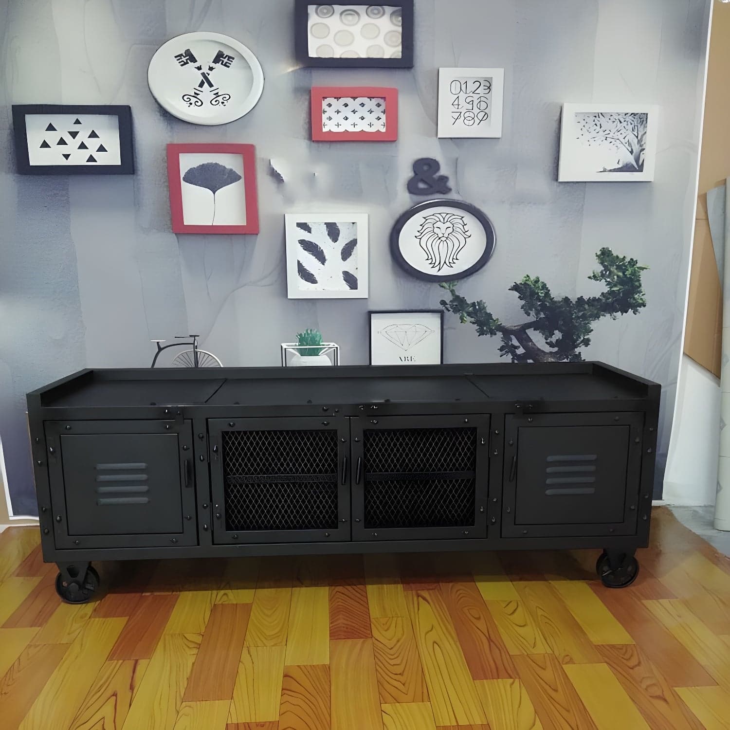 Metal Black TV Cabinet Industrial Style Home TV Stand Console with Casters thumbnail 1