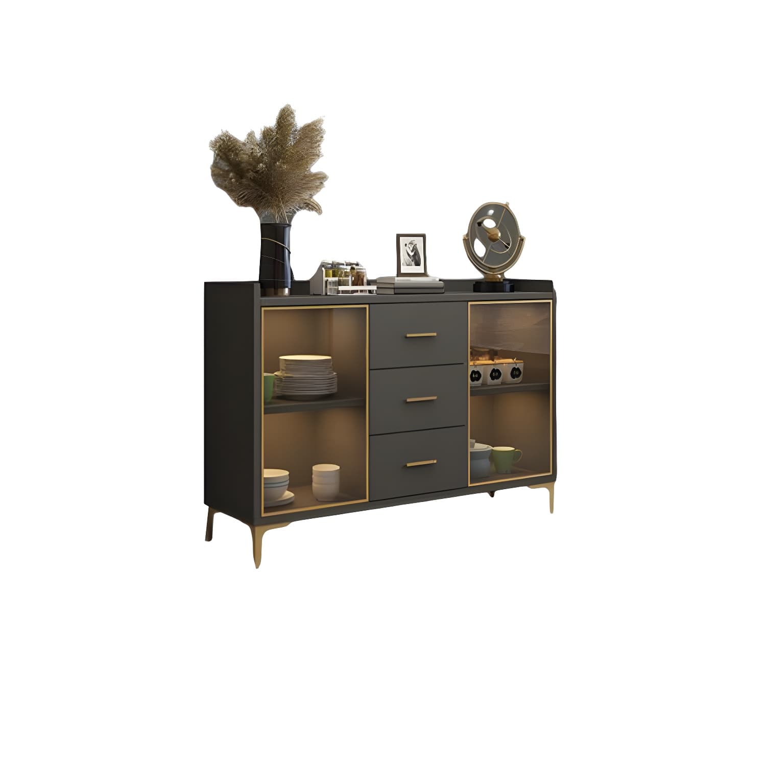Glam Wood Sideboard with Glass Doors, Lighting Included, and Adjustable Shelves thumbnail 8