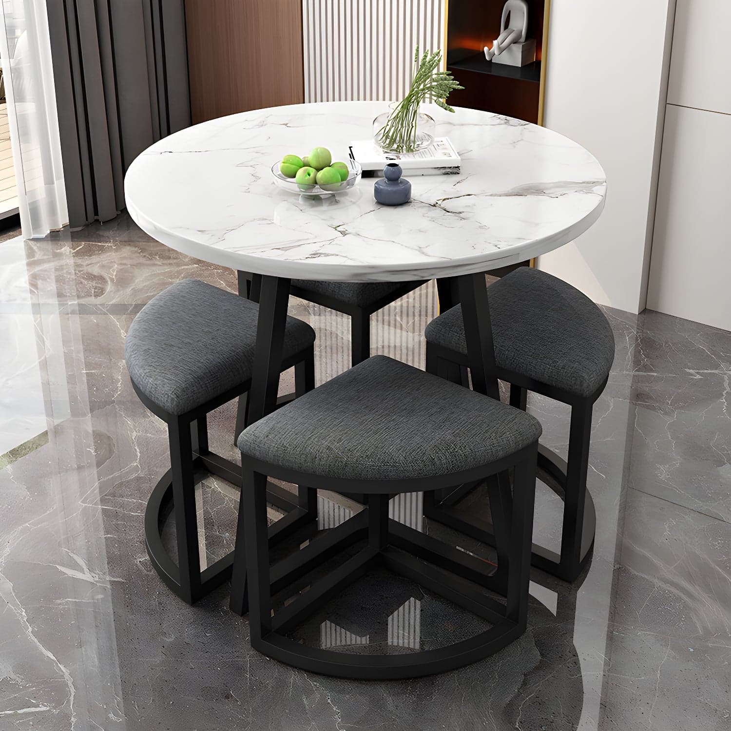 Round White Wood Tone Modern Dining Set with Metal Pedestal Base - Seats 4 thumbnail 3