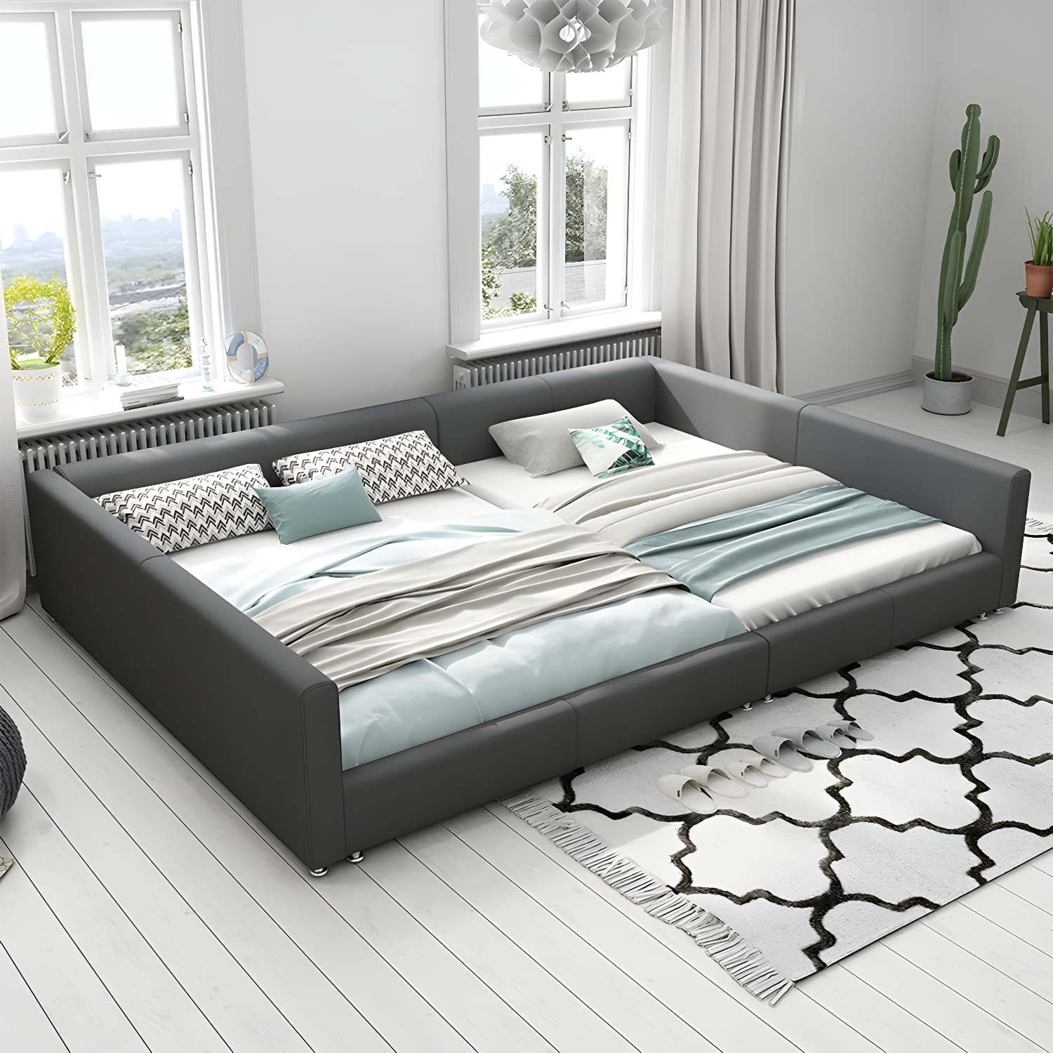 Contemporary Grey Genuine Leather and Wood Standard Bed for Bedroom thumbnail 3
