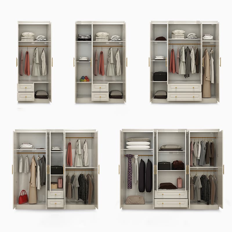 Art Deco Chalk Manufactured Wood Free Standing Interior Shelves Wardrobe with Soft Close Drawer and Hanging Rod