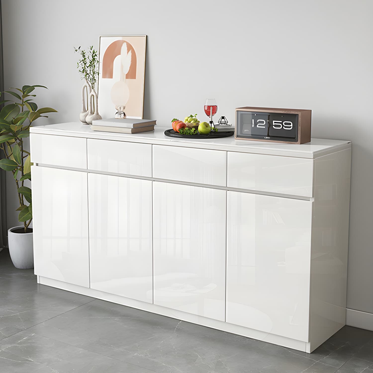Modern White Buffet Cabinet with Stone Countertop and Wood Cabinets Included