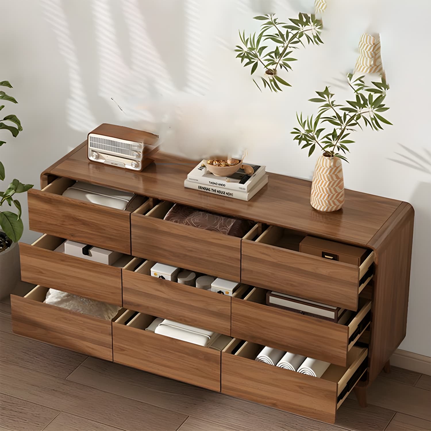 Drawers Included Rubber Wood Chest Brown Wood Grain Design for Home - image 6