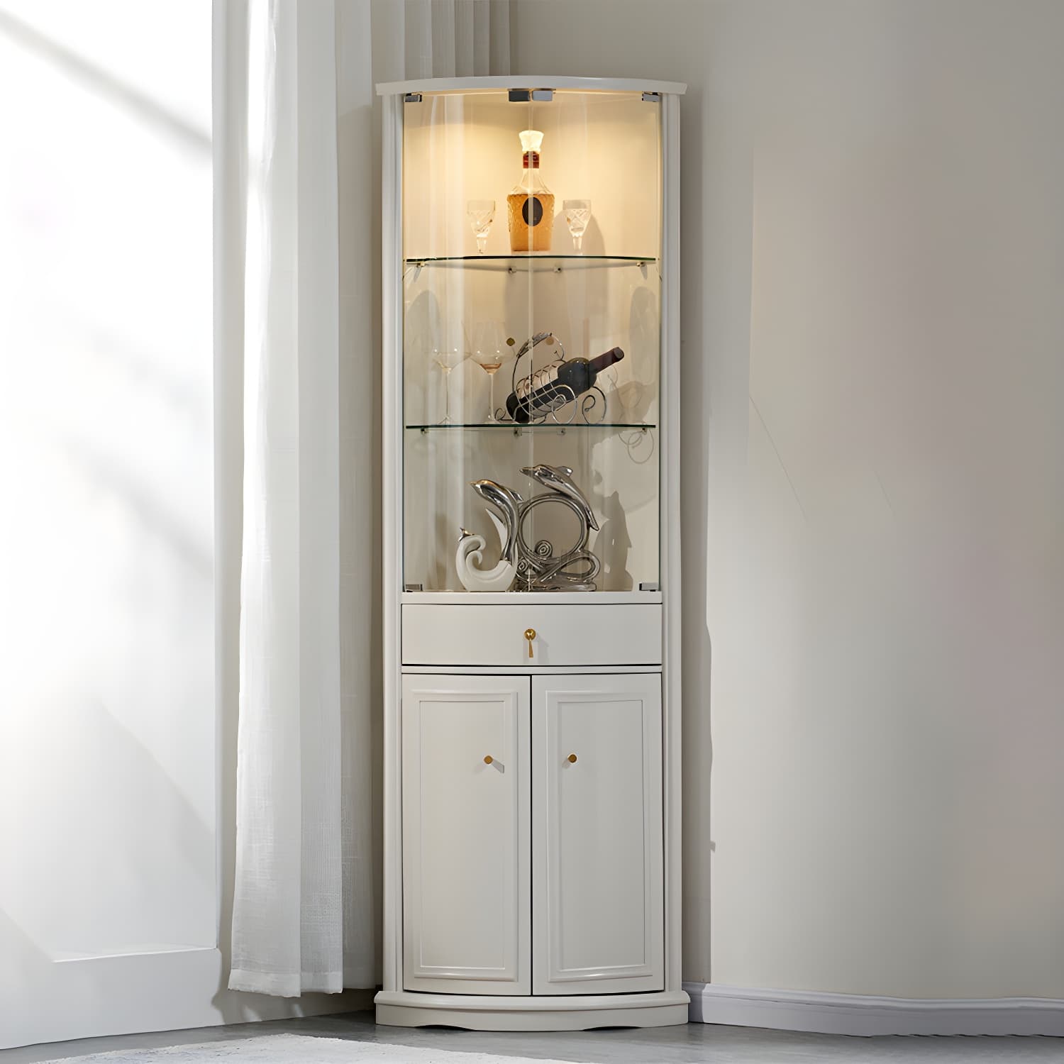 Corner Mid-Century Modern Accent Cabinet with Wood Countertop, Glass Doors, and Drawers Included thumbnail 5