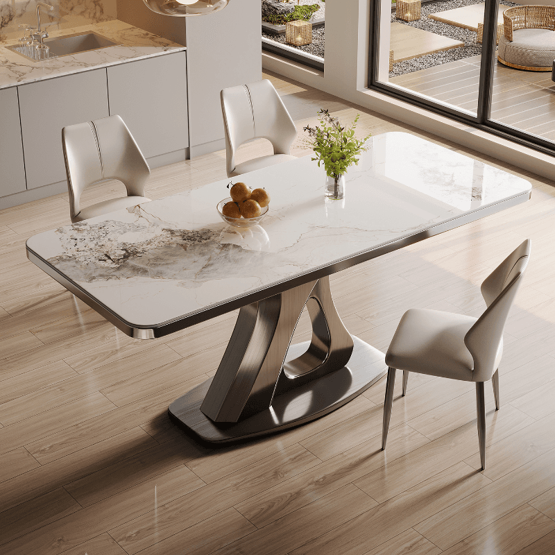 Dining Table Set with Slate Stone Top, Stump Base, Fixed Table, Padded Chair with Back in White thumbnail 2