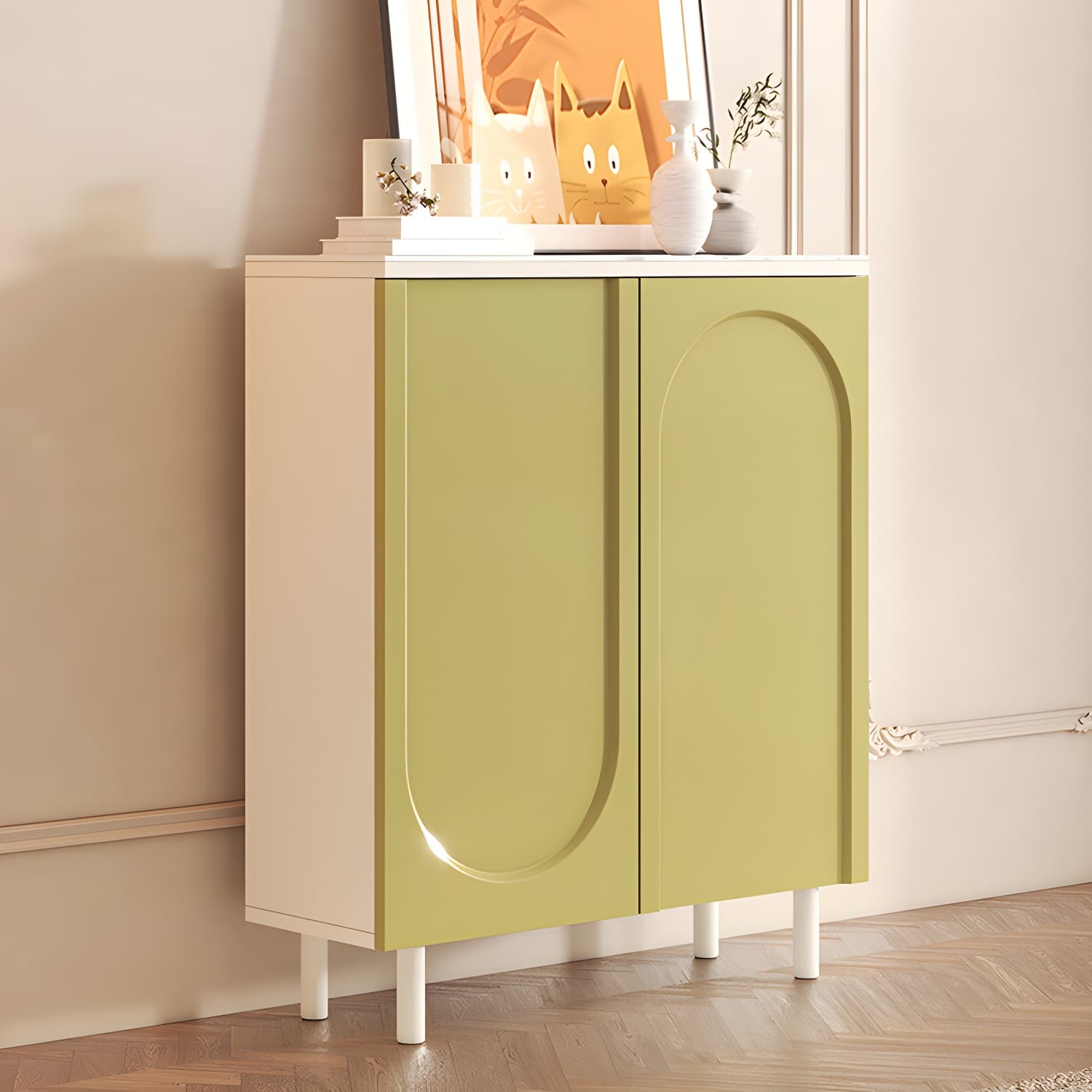 Scandinavian Wood Buffet Sideboard with Stone Countertop and Adjustable Shelves thumbnail 1