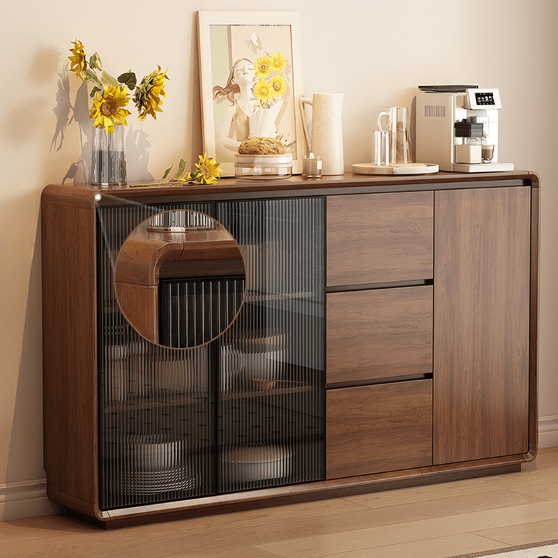 Espresso Sideboard with 3 Drawers, Locker Cabinet, Narrow Size, Compartment Storage, Glass-panel Door, and Flexible Shelf thumbnail 3