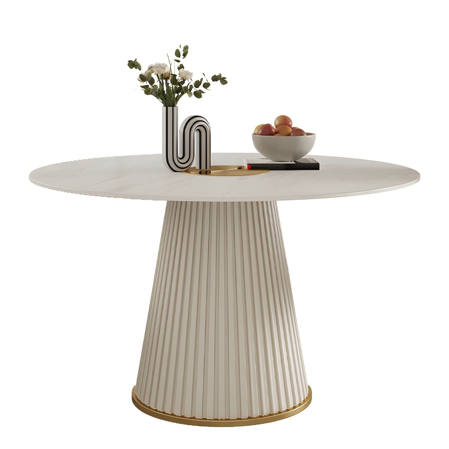 Stone Top Dining Table Round Table with Wood Pedestal Base in White thumbnail 7