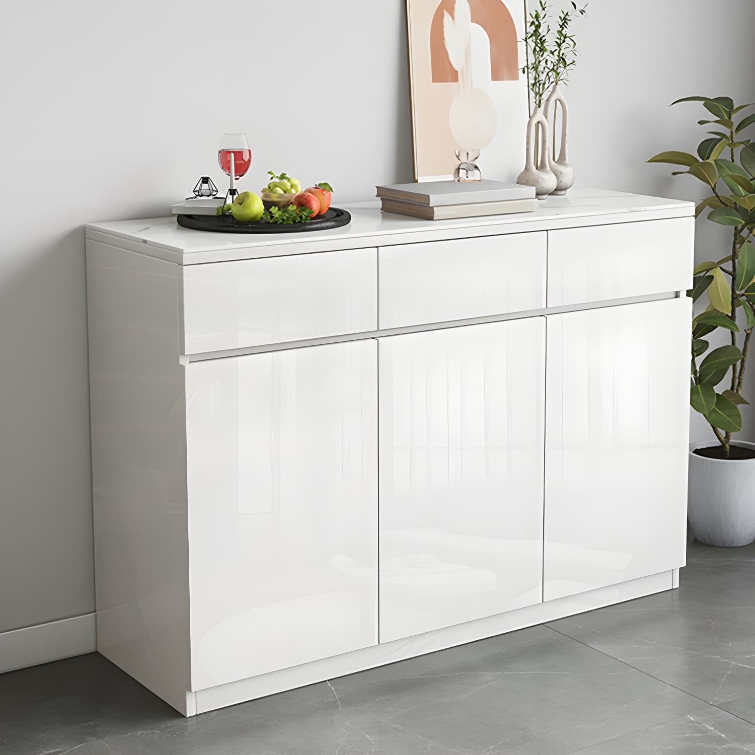 Modern White Buffet Cabinet with Stone Countertop and Wood Cabinets Included thumbnail 3