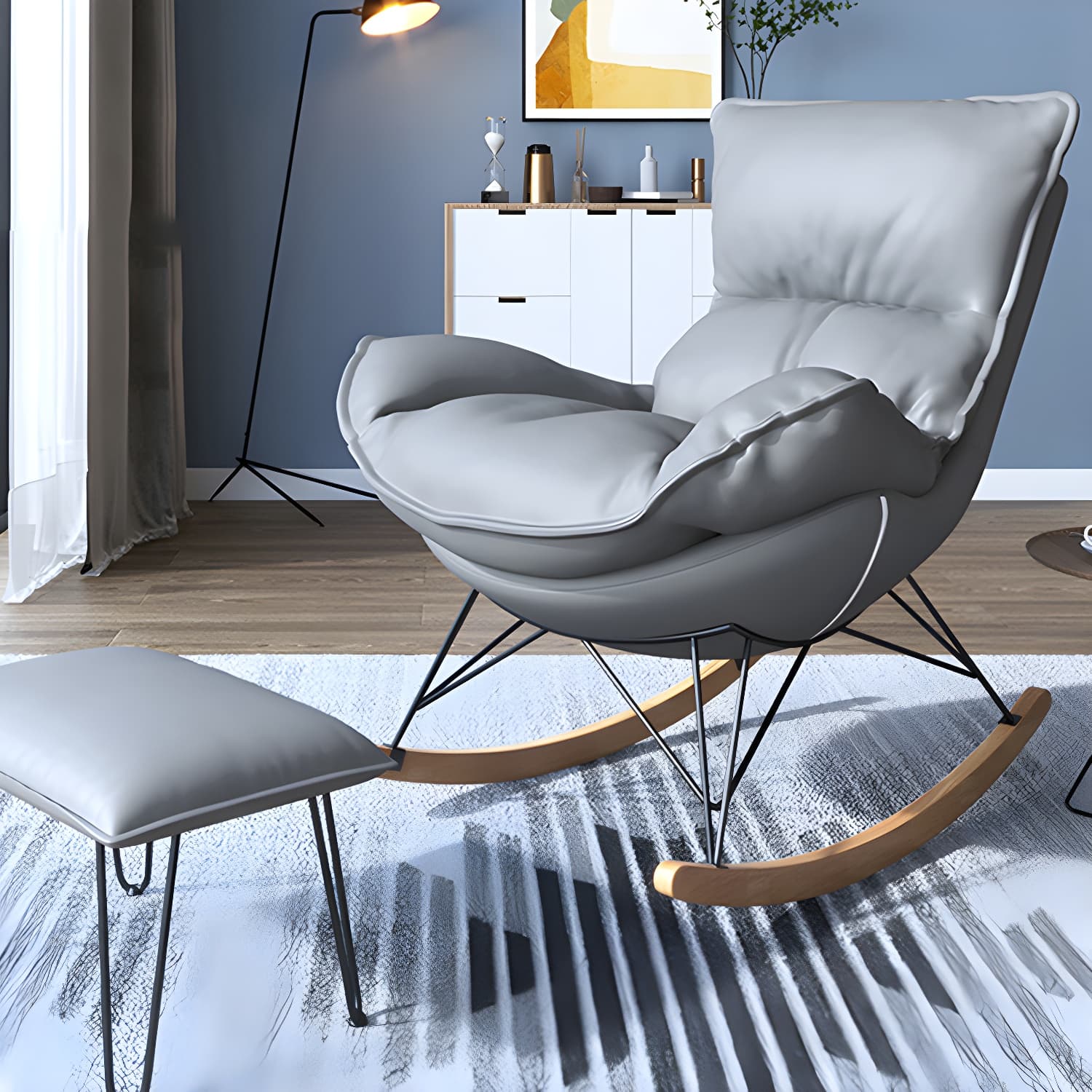 Contemporary Rocker Chair Antique Finish Rocking Chair with Ottoman thumbnail 16